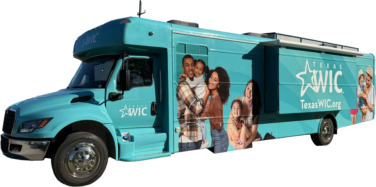Bus wrapped in Texas WIC branding: teal with family photography and the TexasWIC.org web address