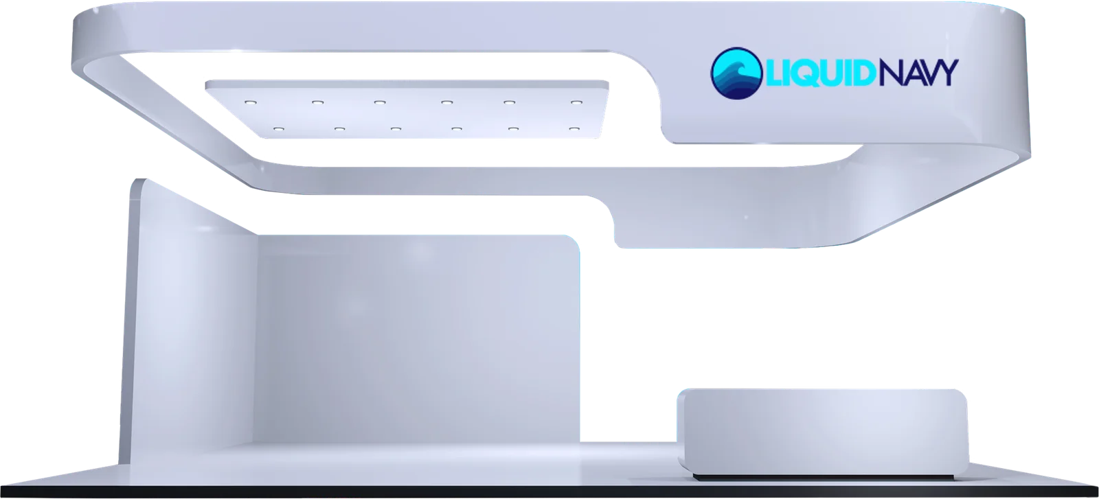 Liquid Navy trade show booth design: a curved white overhead header with the Liquid Navy logo, a back wall, and a reception counter